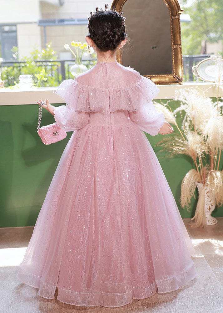 Wunderschönes rosa Pailletten Patchwork Tüll Kinder Maxikleid Herbst RP029