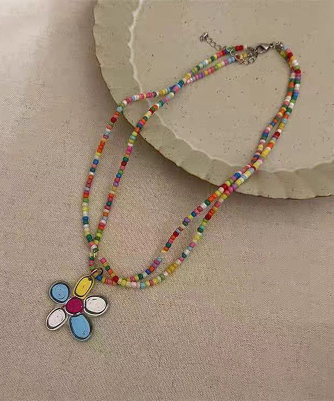 Magnifique double couche de perles en alliage floral arc-en-ciel