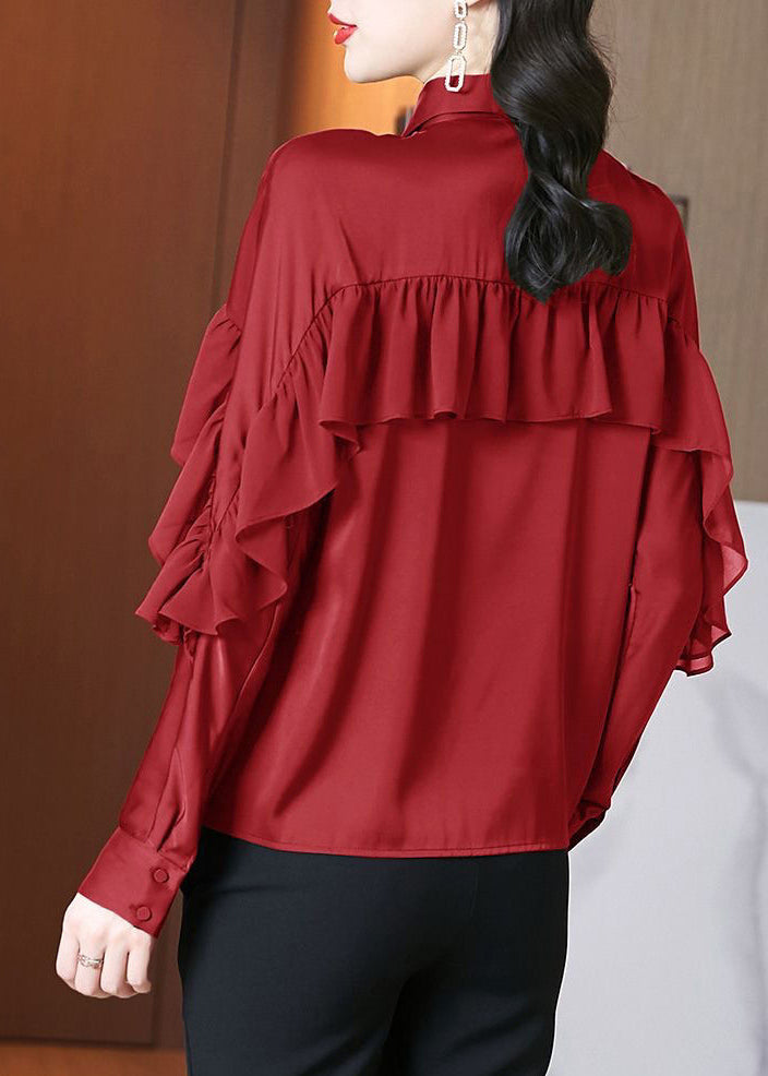 Magnifiques chemises en soie patchwork à volants et col Peter Pan rouges, printemps RL027
