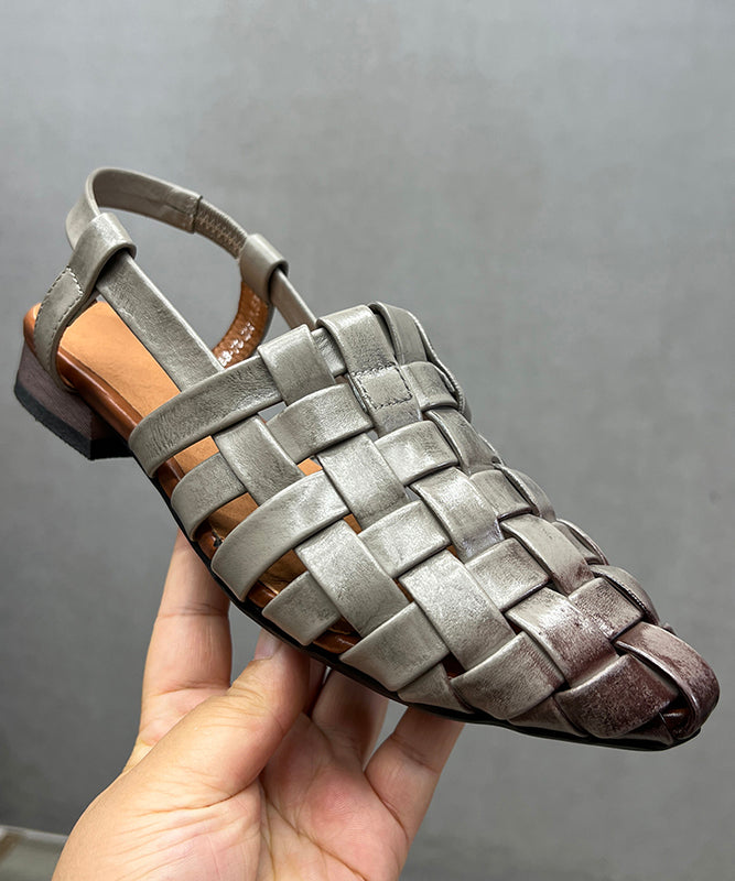 Out Grey Schöne Splicing Sandalen Hohl Chunky Leder Rindsleder