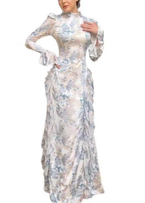 Rüschen Schöne Print Lange Weiße Kleider Chiffon Frühling