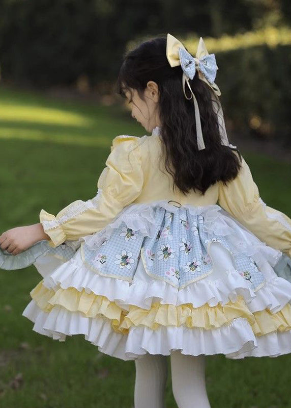 Belle robe jaune à volants pour enfant, style patchwork, printemps YE027