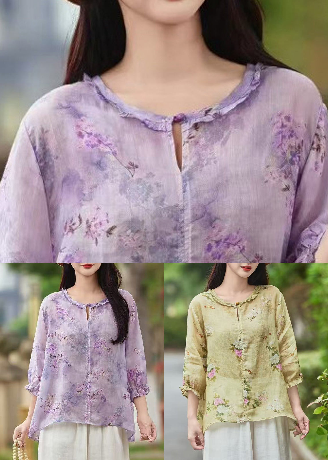 Blouse Ruffled Yellow Sleeve Linen Beautiful Bracelet Print