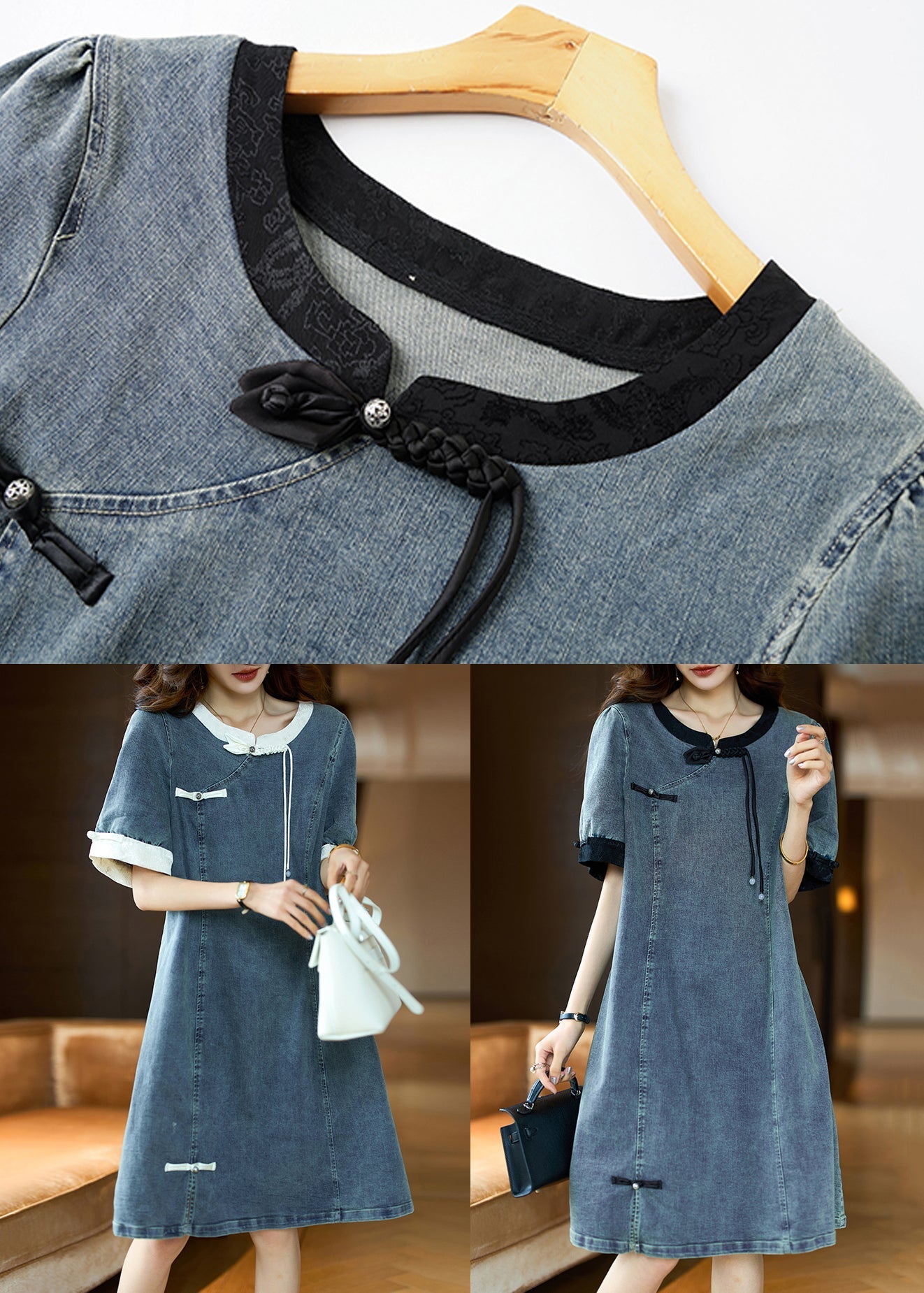 Robe en jean beige à boutons et patchwork, col rond et manches courtes GH1024