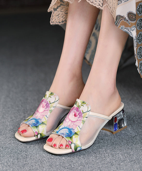 Sandales à bout ouvert en cuir et tulle, style claquettes beiges en cuir de vache