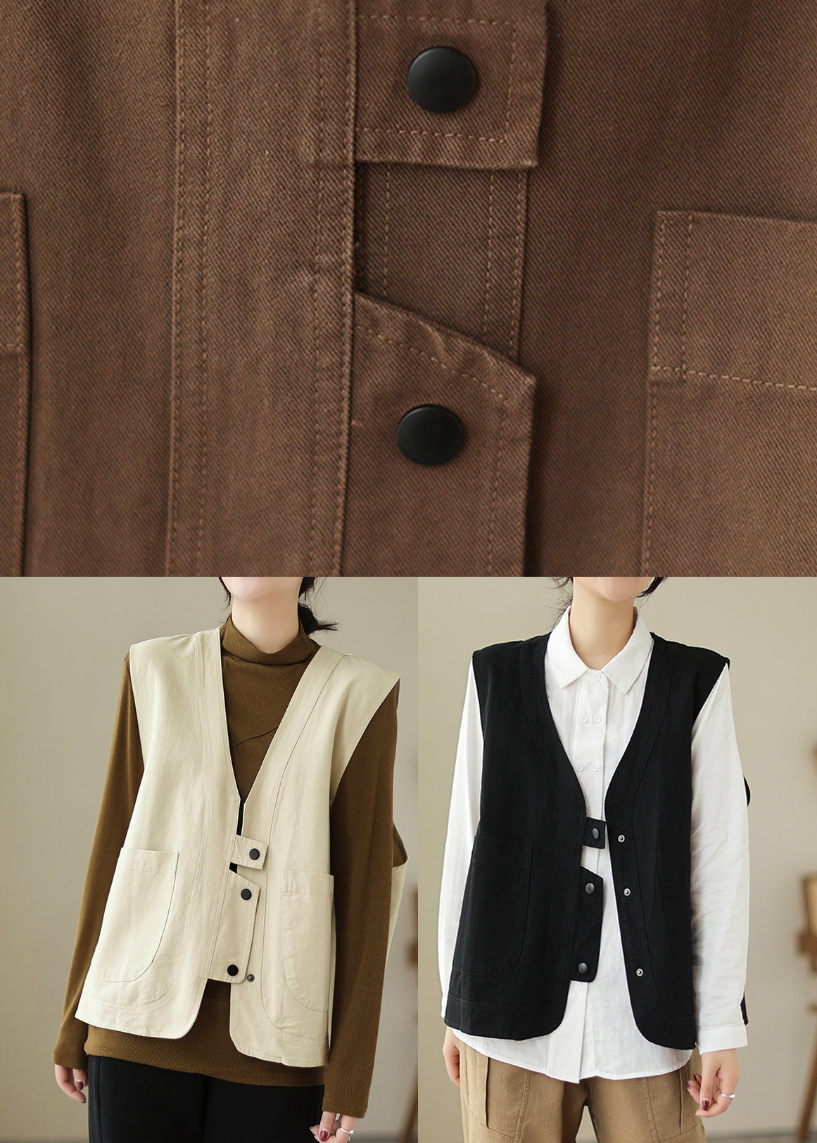 Beige Taschen Patchwork Baumwolle Weste V-Ausschnitt Ärmellos TI026