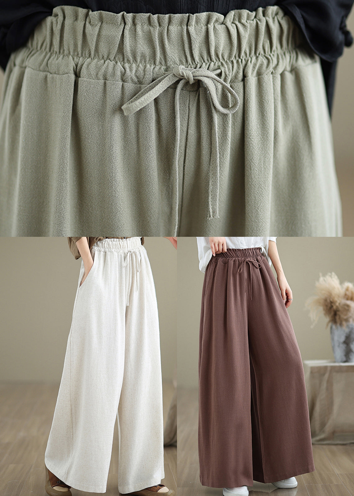 Beige Taschen Einfache Baumwolle Weite Beinhose Kordelzug Herbst QO045