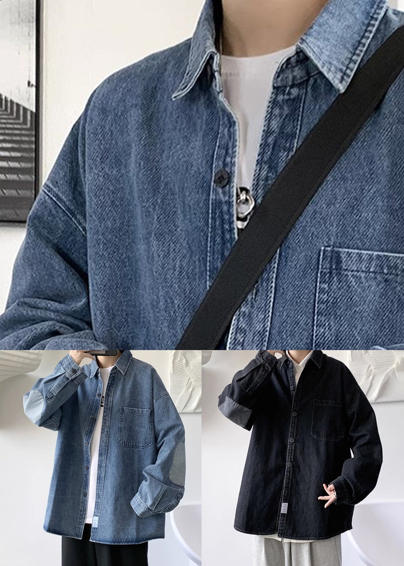 Button Pan Spring Shirts Collar Loose Men Denim Peter Black