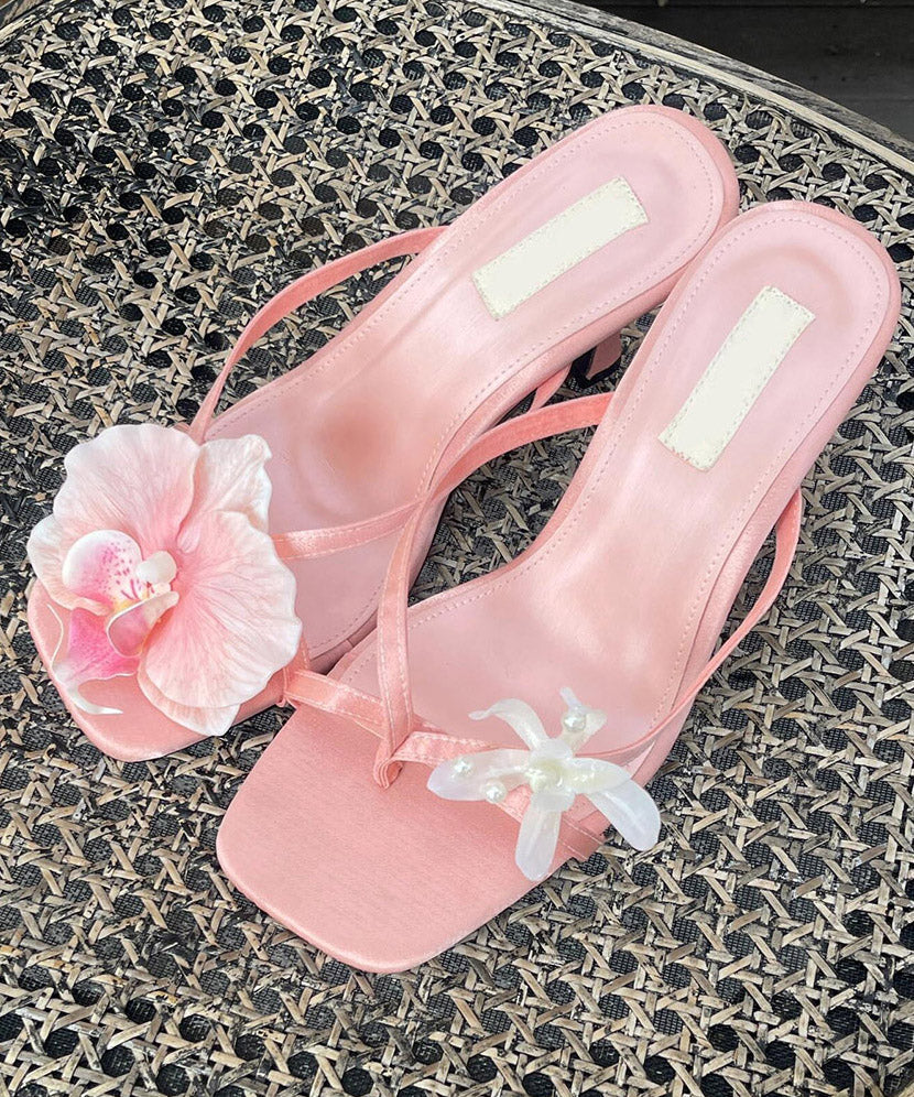 Leder Spleißen Schwarz Stilvolle Slide Sandalen Faux Floral Chunky