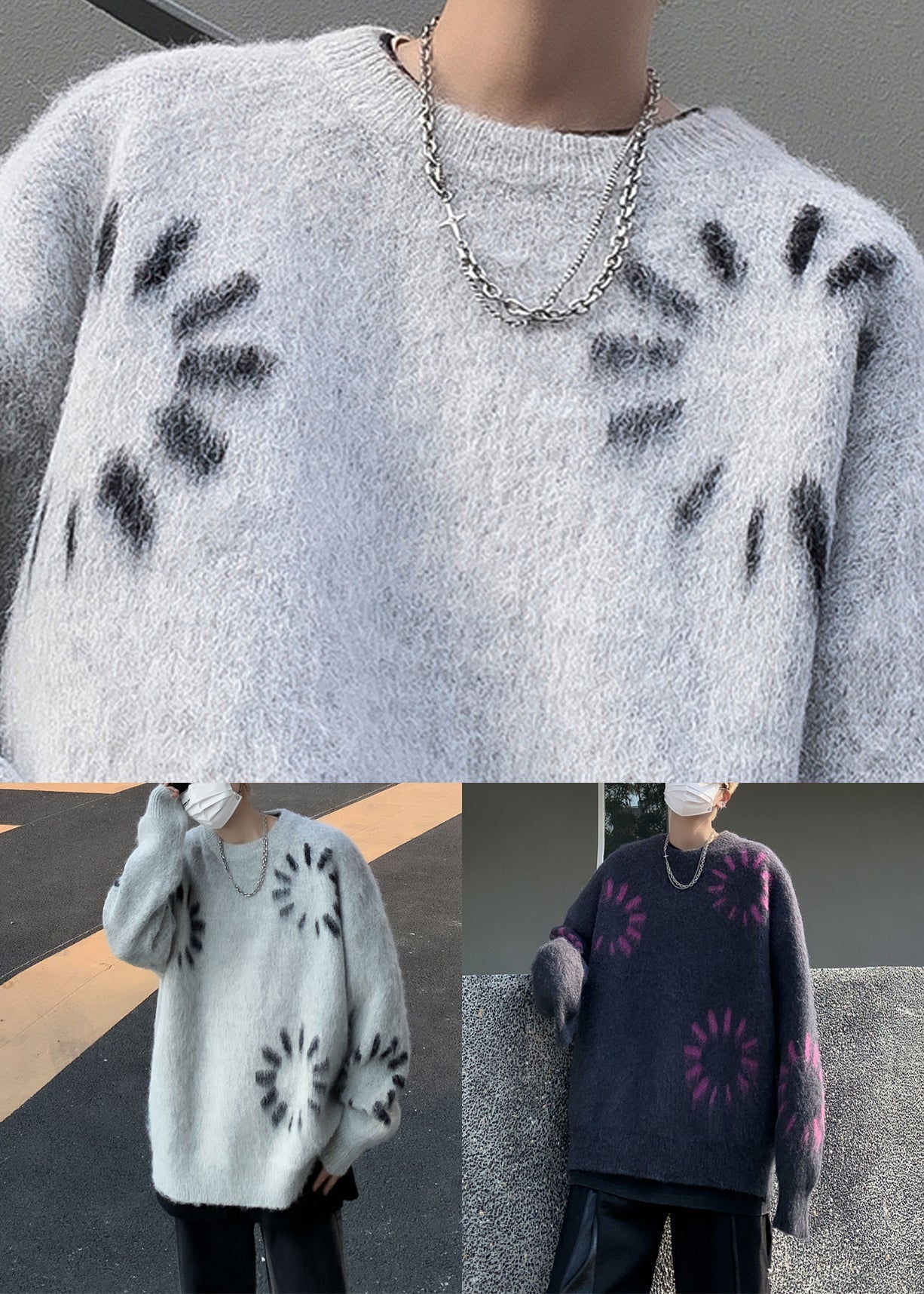 Schwarzer gemütlicher lockerer Strickpullover für Herren im Winter mit Rundhalsausschnitt RC036