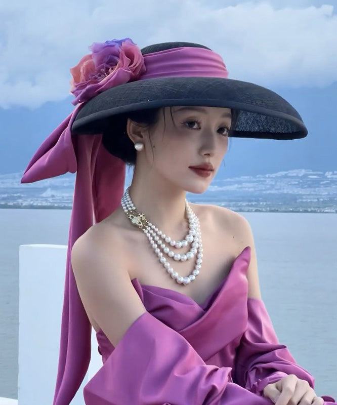 Hat Large Floral Brim Black Bow With French A