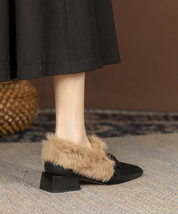 Schwarze, klobige Loafer aus flauschigem, mit Wolle gefüttertem Rindsleder TE015