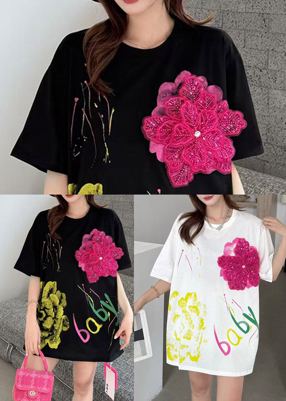 Floral Black Print Tanks Cotton Decorated Summer Graffiti