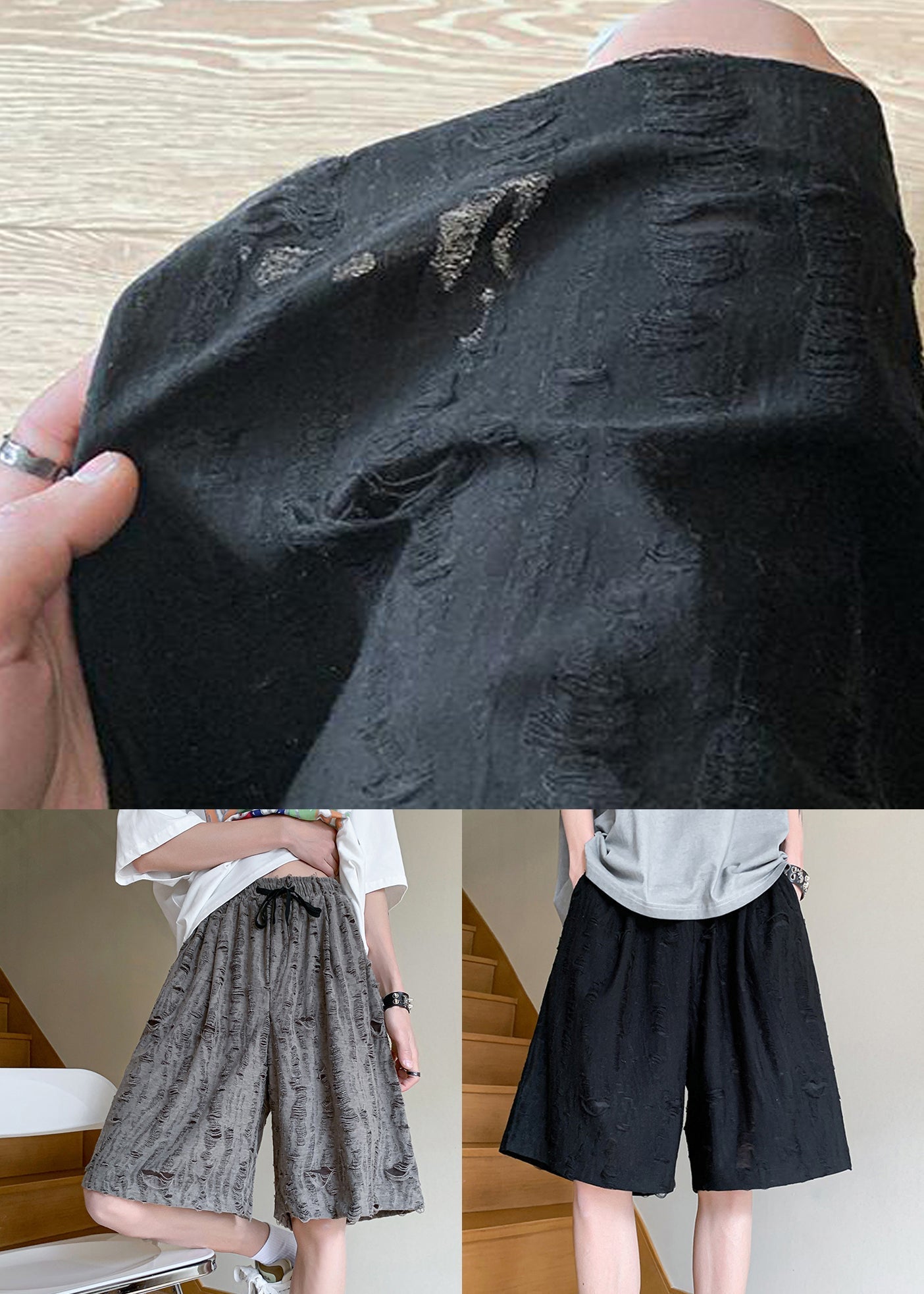 Hole Cotton Black Shorts Up Waist Men Elastic Summer Lace