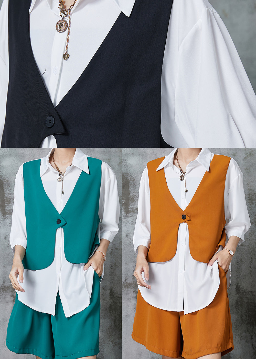 Schwarz Lose Chiffon Gefälschte Zwei Stück Shirts Und Shorts Zwei Stücke Set Übergroßen Sommer AL1006