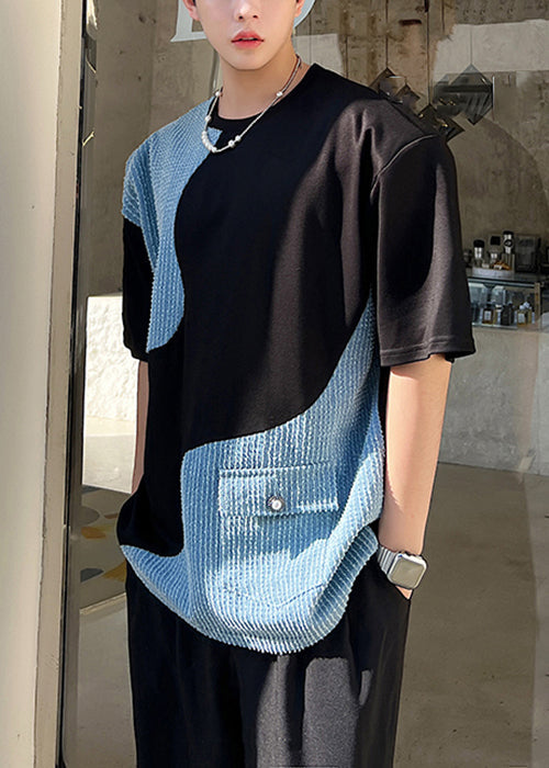 Chemise patchwork en jean à col noir pour homme, poches avant, été