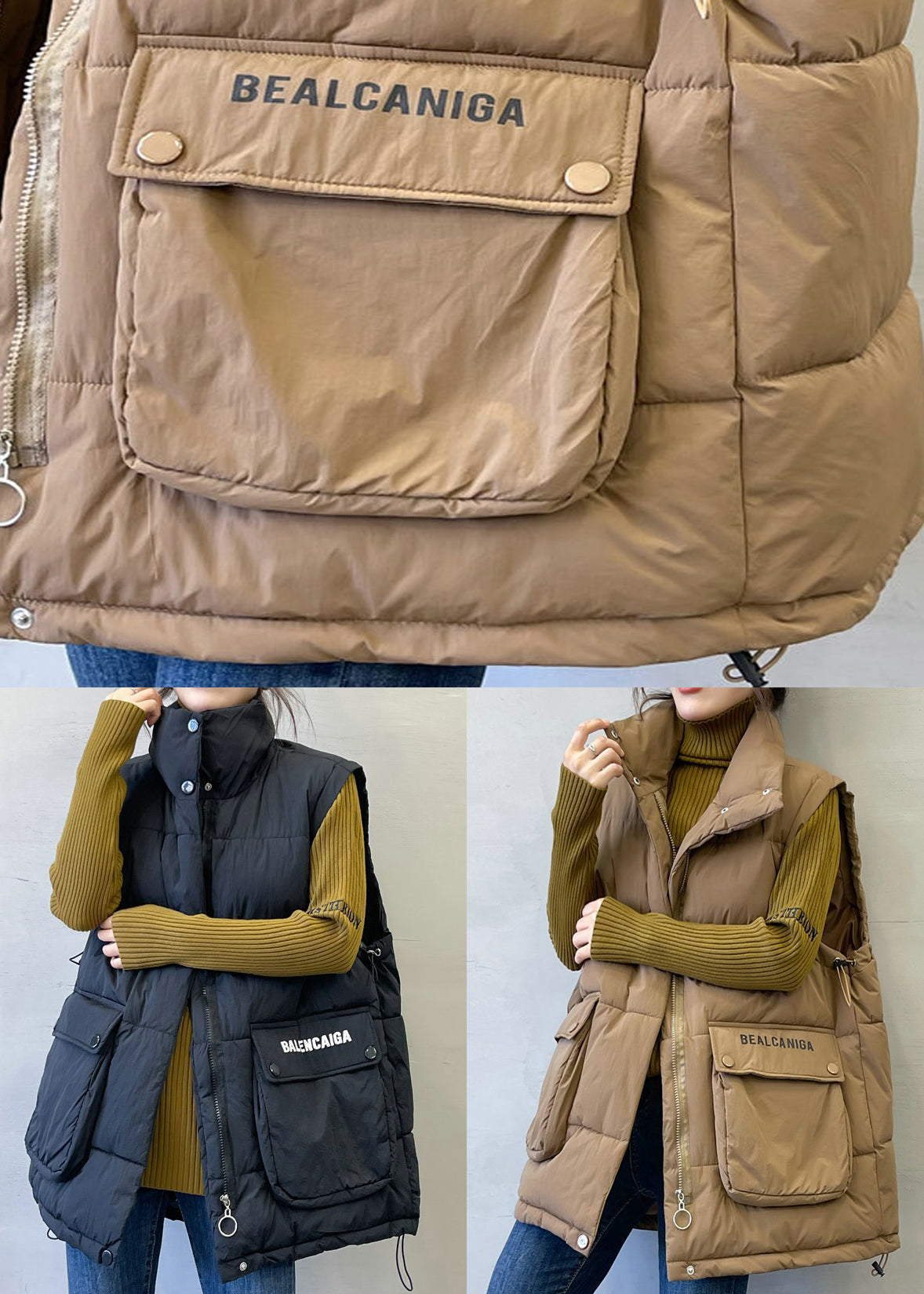 Schwarze Weste mit Drucktaschen und Baumwollfüllung, Stehkragen, Frühling YW011