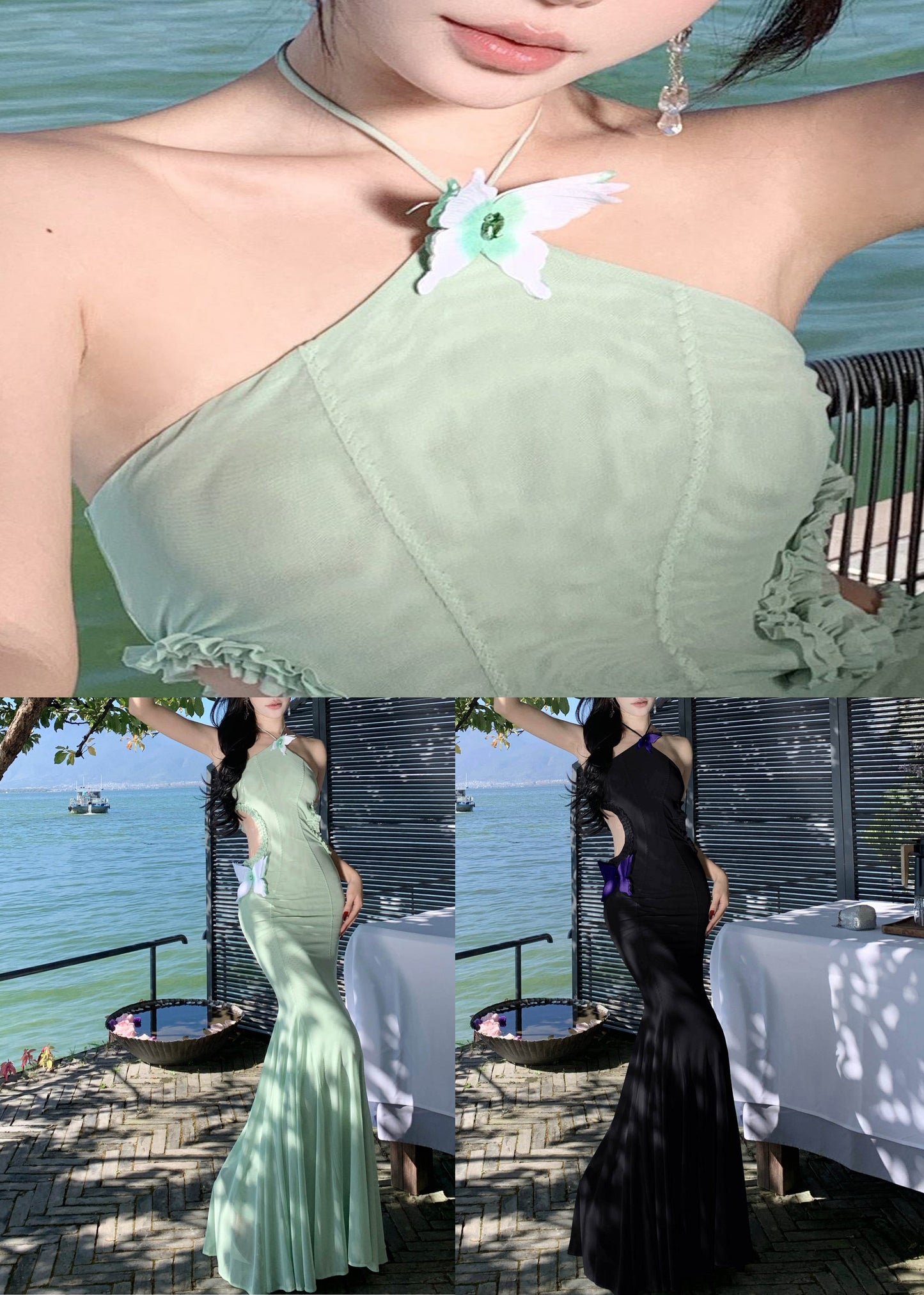 Robe longue noire en tulle sans manches à volants et à papillons