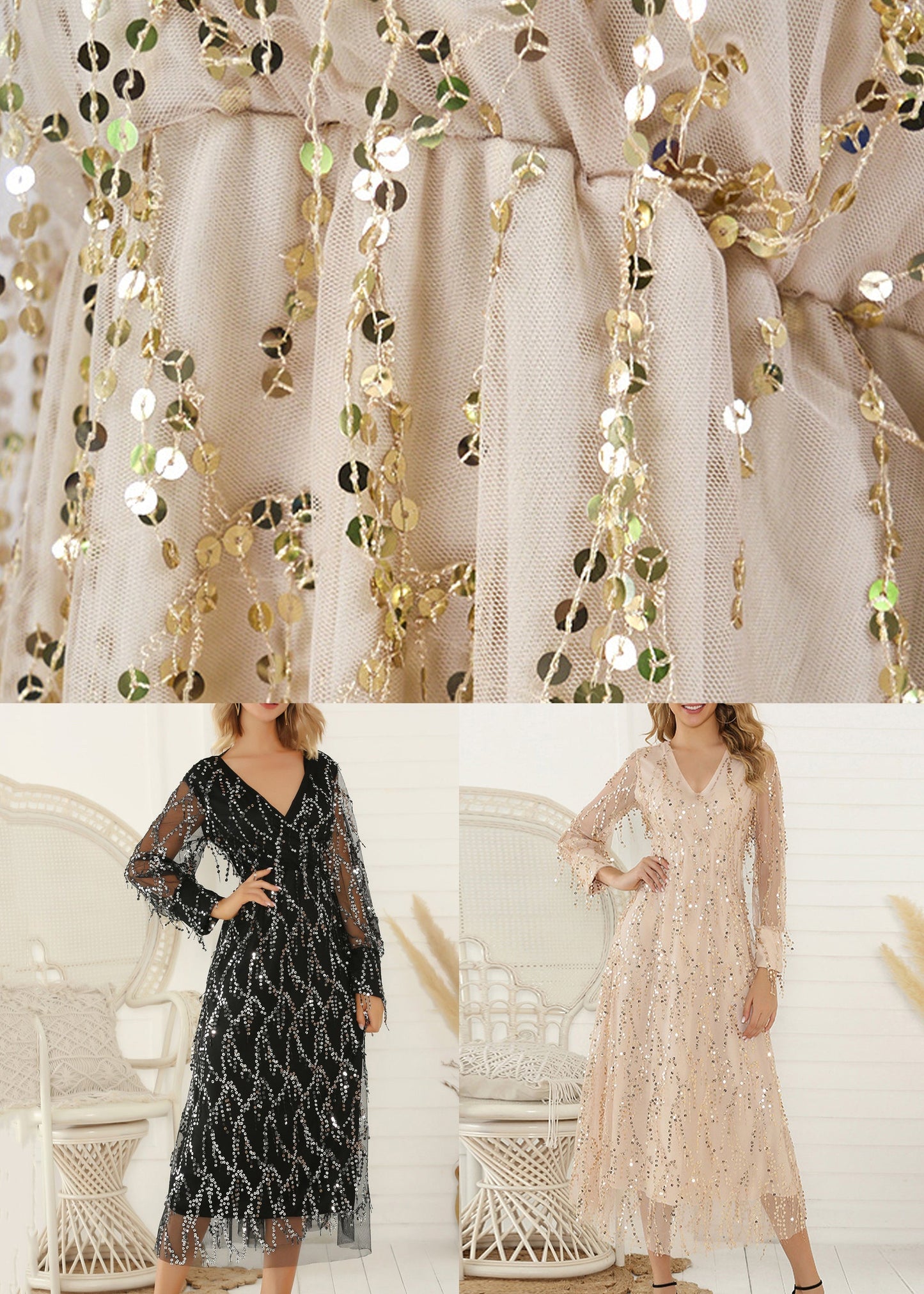 Schwarzes langes Tüllkleid mit Pailletten und Schnürung, V-Ausschnitt, Frühling TL028