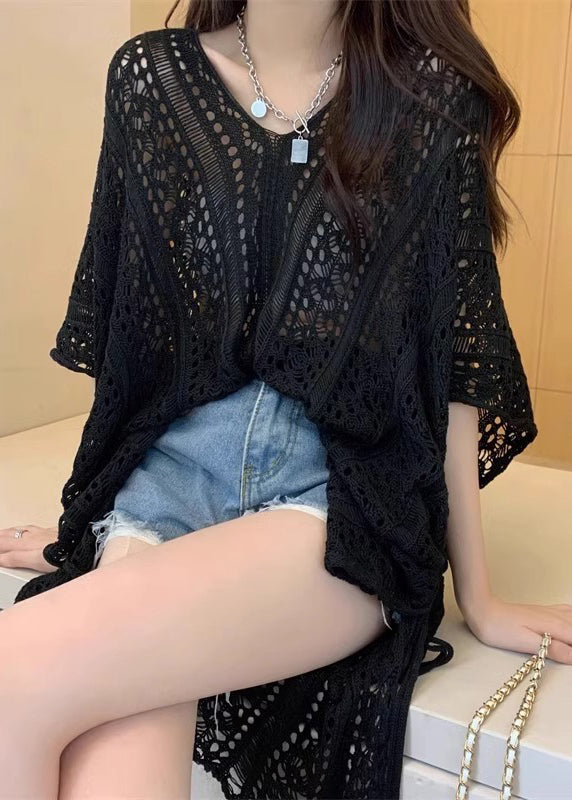 Open Cinched Summer Black Top Hollow Knit Out Side