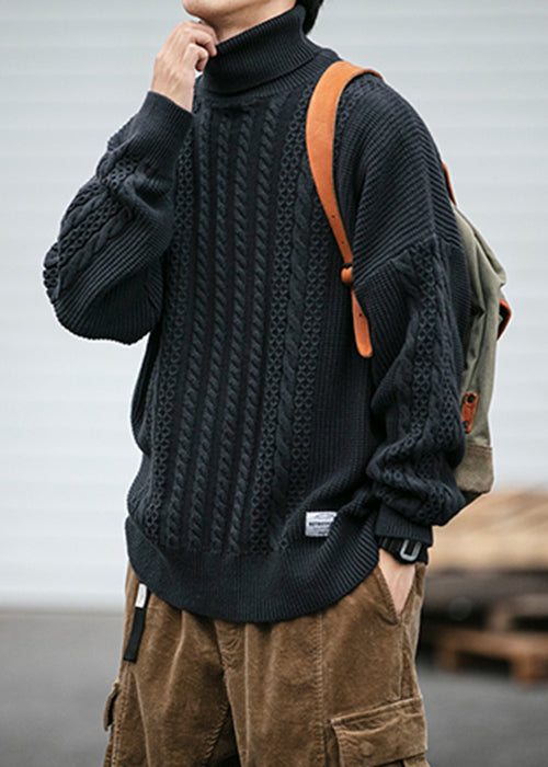 Schwarz Solide Gemütliche Männer Zopfmuster Pullover Rollkragen Winter RJ038