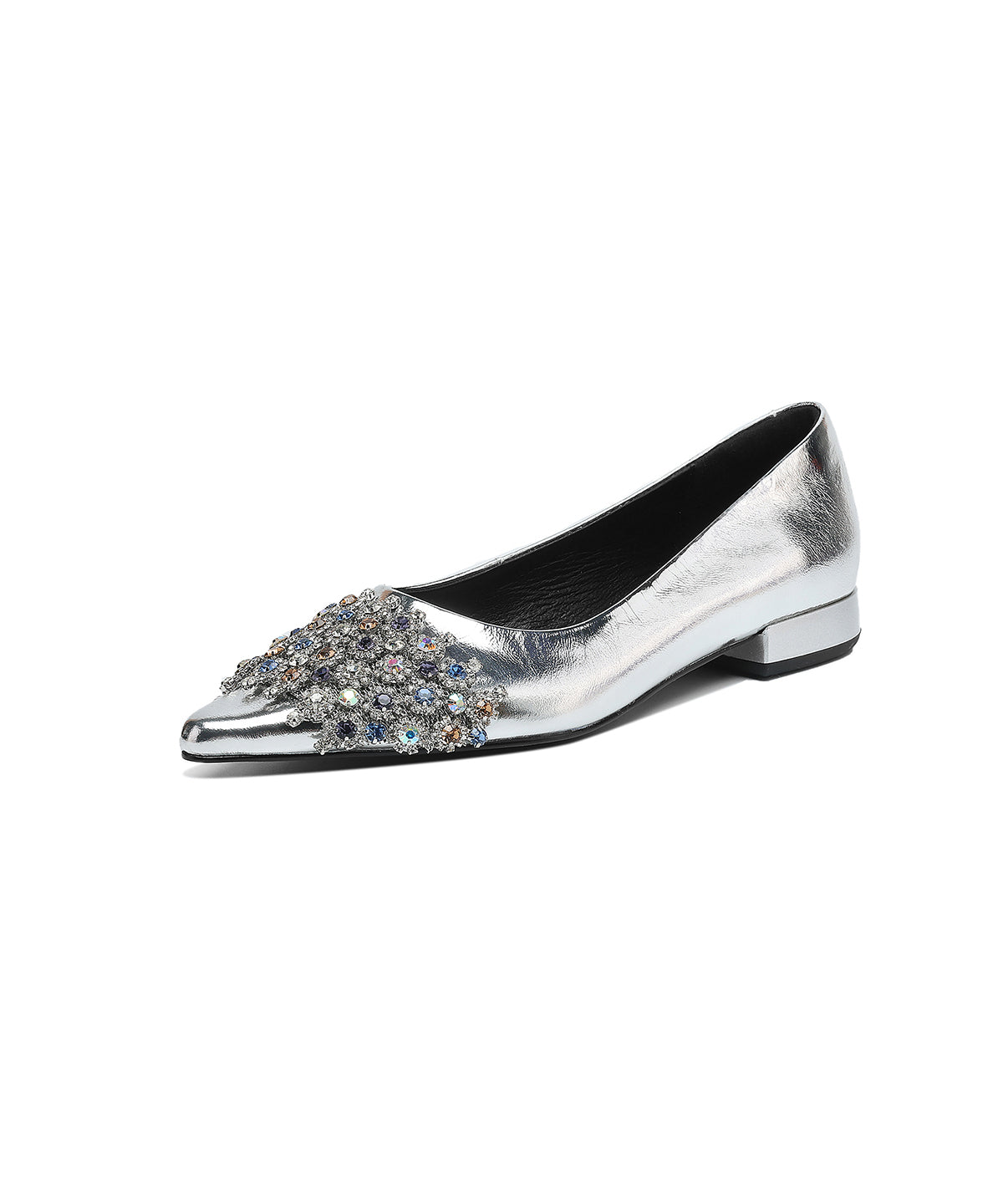 Black Flats Toe Zircon Pointed Unique Suede Splicing