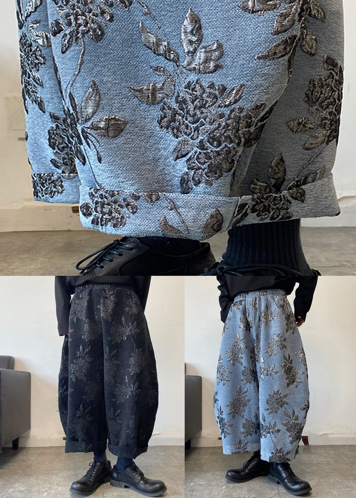 Blaue bestickte Herrenhose mit weitem Bein und elastischer Taille, Frühling RM027