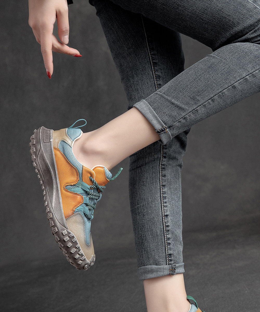 Chaussures à plateforme en cuir plates et décontractées avec lacets bleus et cuir de vache