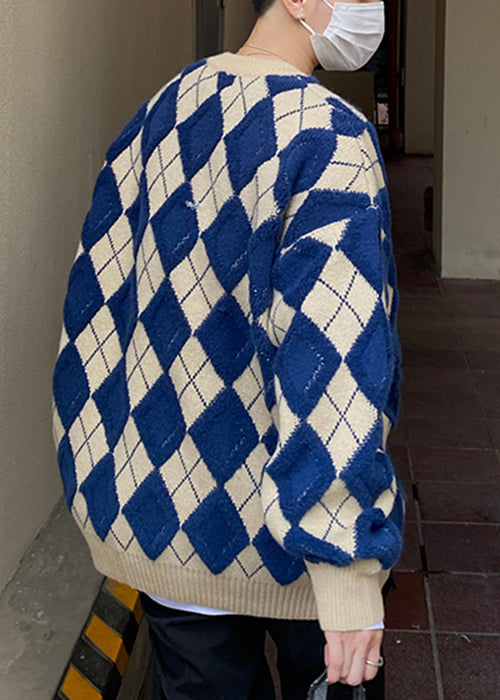 Blau Plaid Lose Stricken Männer Pullover O Neck Fal QH025
