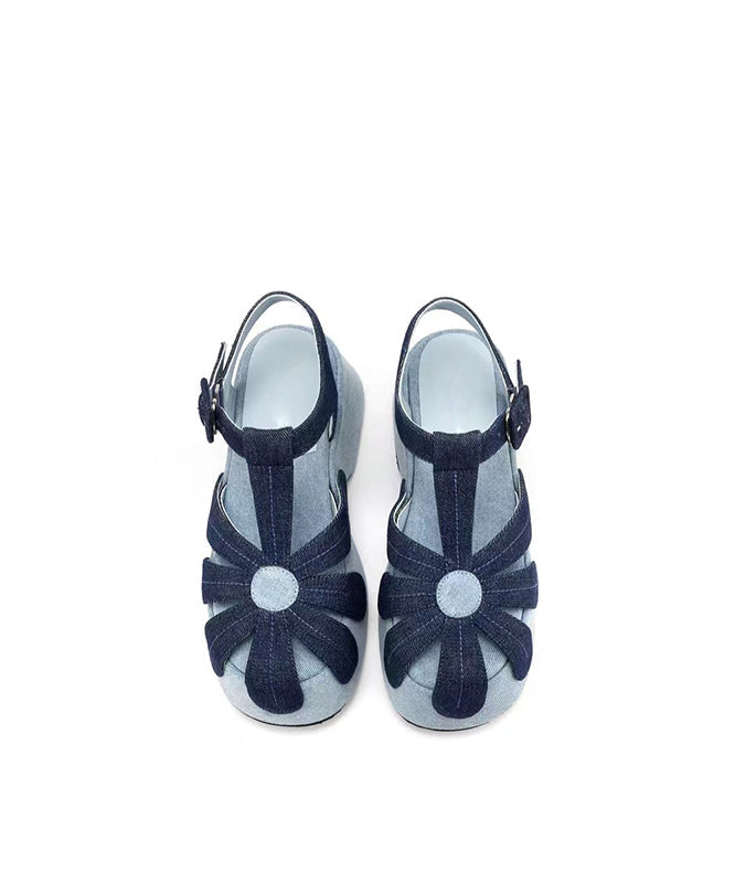 Sandals Fabric Wedge Denim Out Blue Splicing Hollow Fashion
