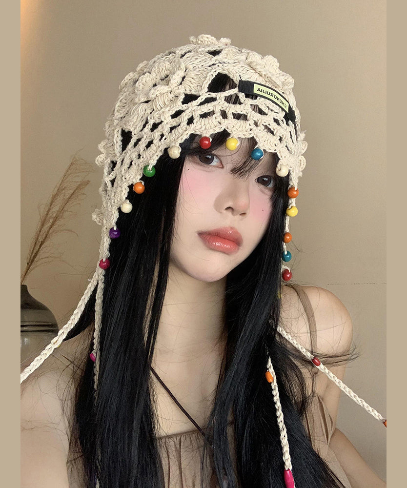 Boho Beige Blumen Quaste Aushöhlen Strick Boonie Hut WI012