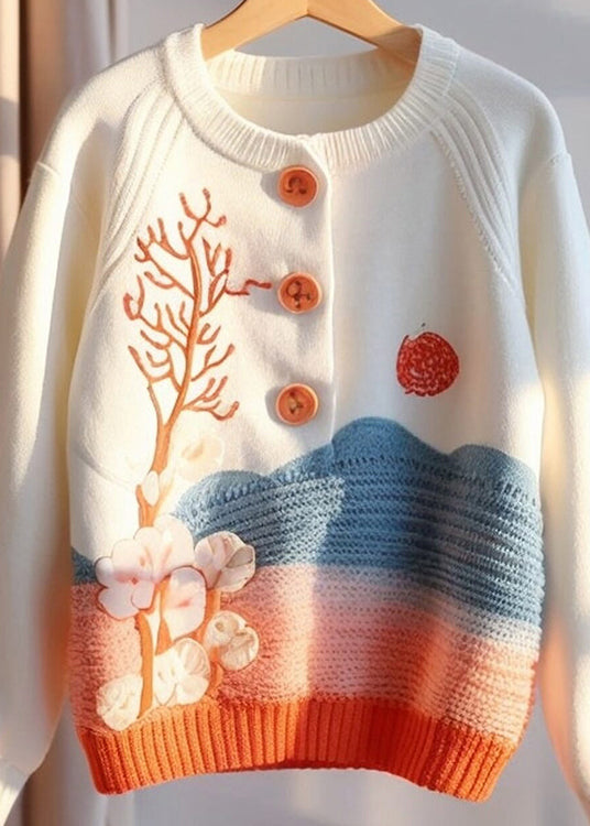 Bohemian Beige Print Button Strickpullover Herbst QG009