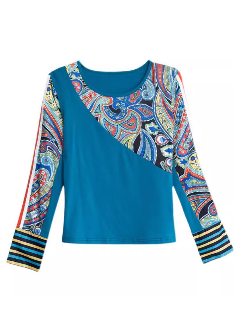 Hauts en coton patchwork imprimés bleu bohème à col rond, printemps TH046