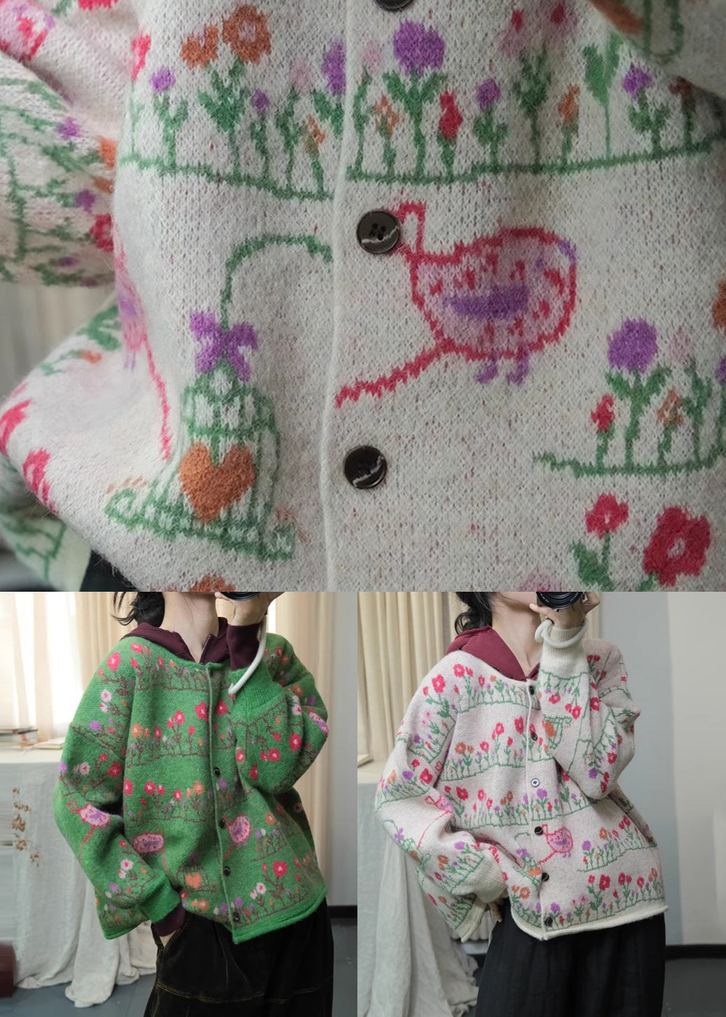 Bohemian Grün O Neck Print Lose Strick Strickjacken Frühling TI003