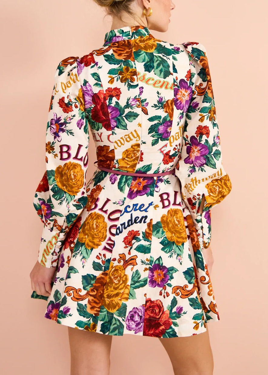 Bohemian Multi-Print Bindegürtel Baumwolle Midikleid Langarm FF071