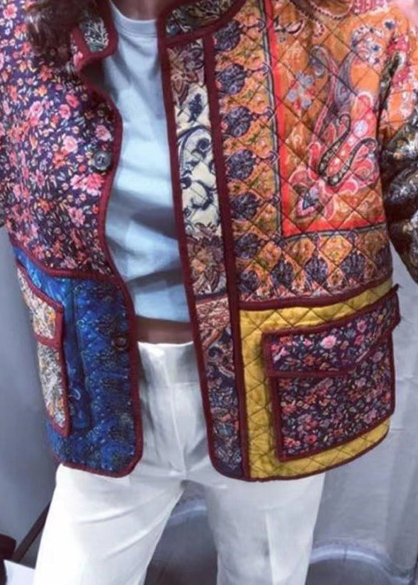 Bohemian Stehkragen Druck Lose Feine Baumwolle Gefüllt Jacke Frühling TZ042