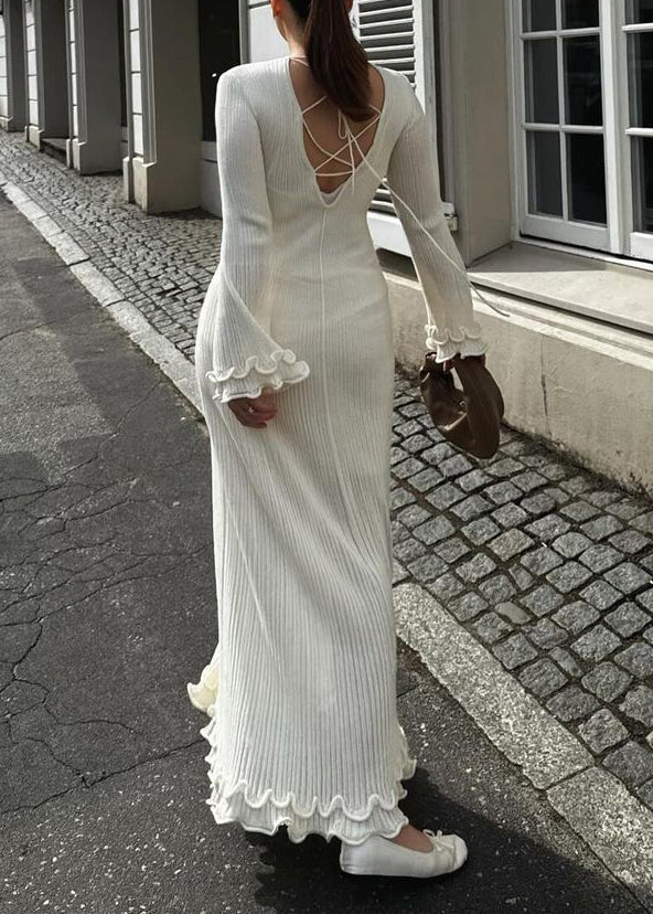 Bohemian Weiß Rüschen Lace Up Baumwolle Robe Kleider Flare Ärmel WO044