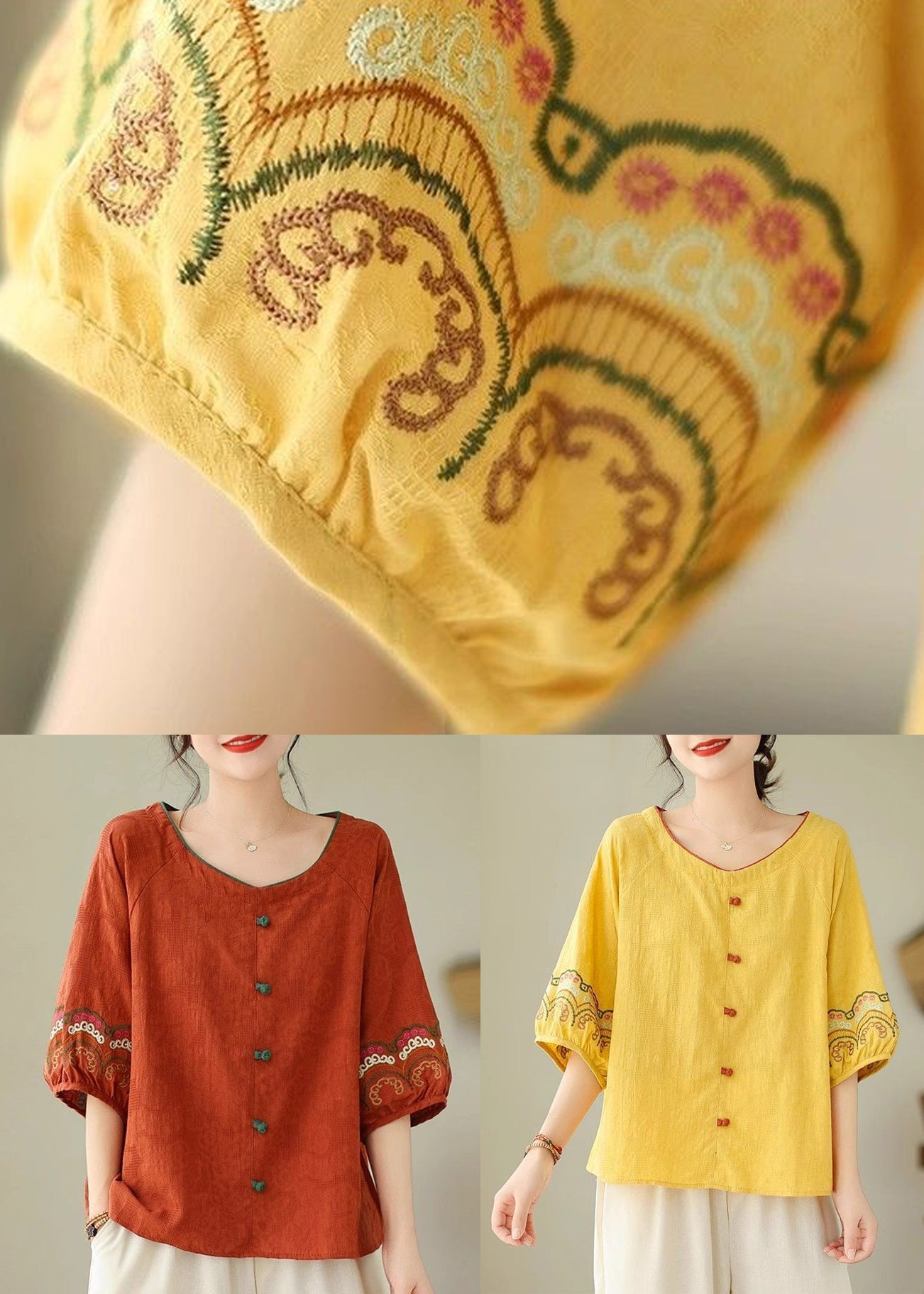 Bohemian Halbarm Shirt Bestickt Gelb