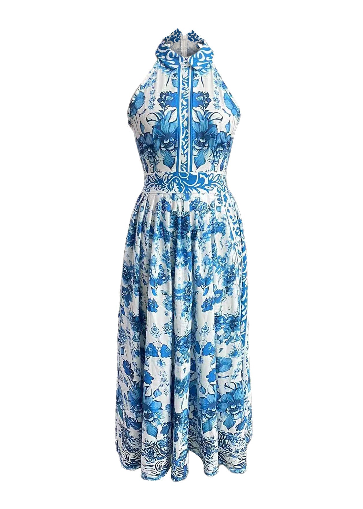 Robe d'été longue à col Peter pour bébé, style bohème, imprimé bleu