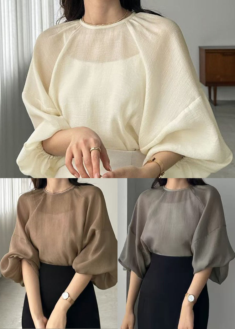 Sheer Boho Chiffon Sleeve Oversized Batwing Top Beige