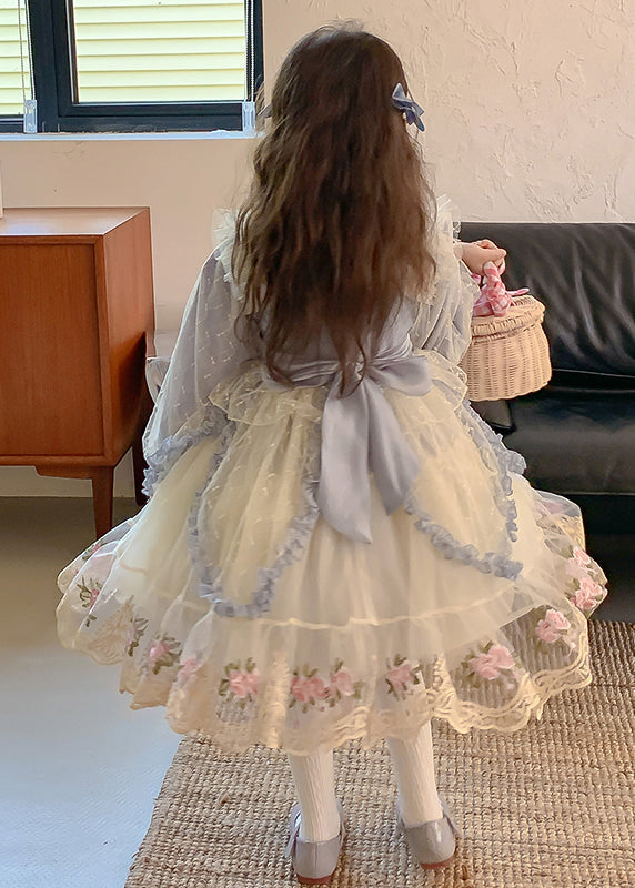 Robe longue en tulle brodée à col carré bleu style bohème pour enfant, printemps YE032