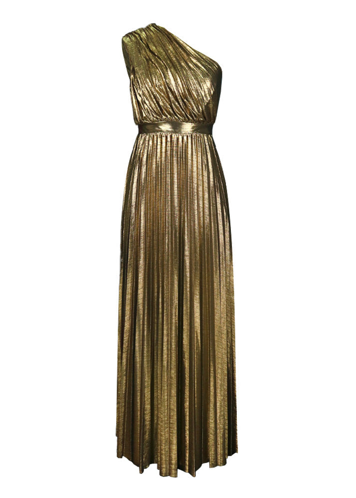 Robe de soirée plissée style bohème marron à une épaule et ceinture, été TL015