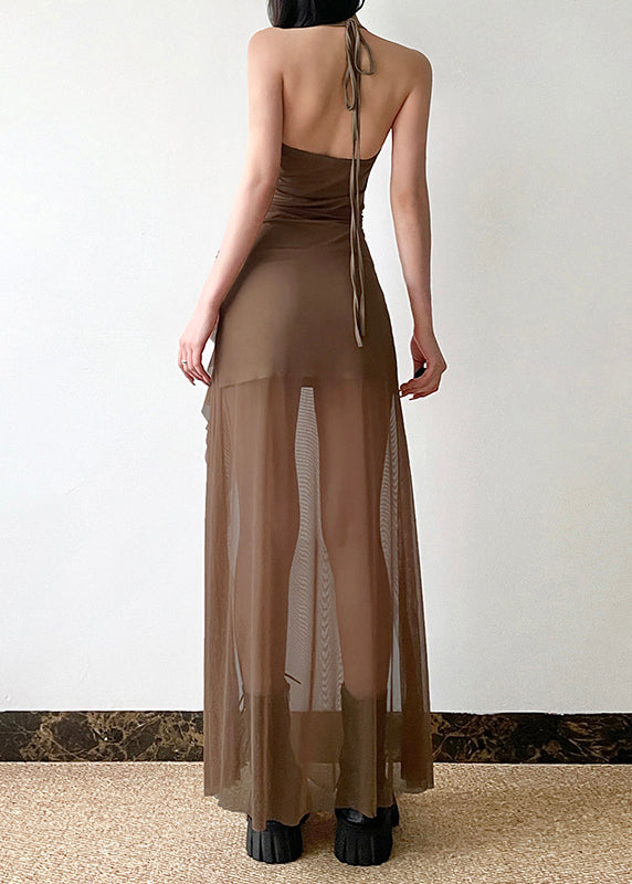 Robe dos nu en tulle, style Boho marron, ouverte sur le côté, coupe Silm, été YP036