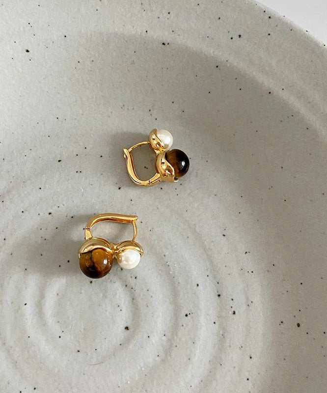 Boucles d'oreilles créoles bohèmes en alliage de cuivre doré et pierre œil de chat avec perles TX027