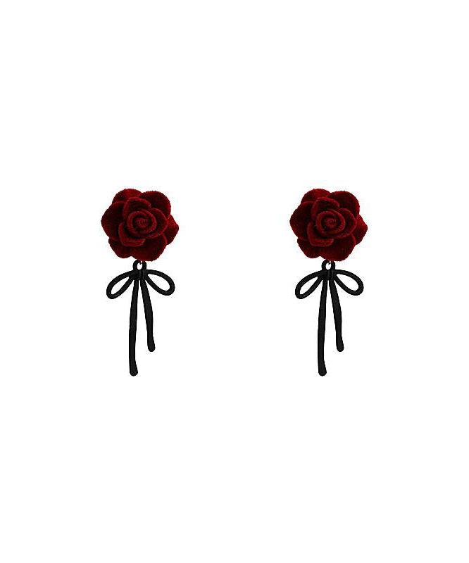 Boho Red Copper Alloy Rose Bow Flocking Stud Earrings YX022