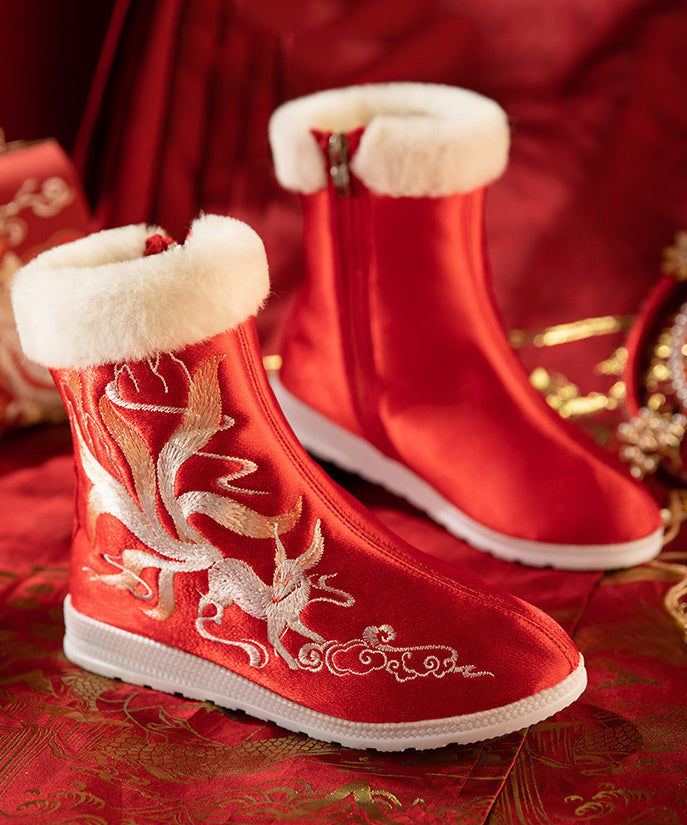 Boho Rote Satin-Stickerei-Spleißstiefel mit flauschiger Wolle gefüttert TQ052