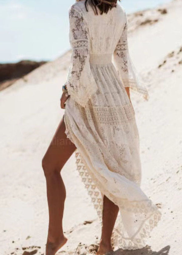 Boho Weiß Quaste Aushöhlen Spitze Kleider Sommer TL038