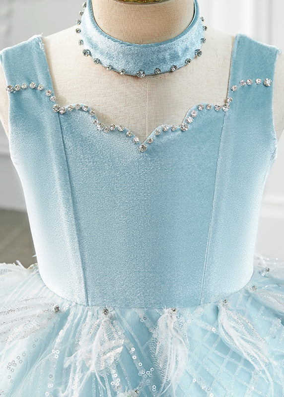 Robe longue sans manches en tulle bleu bébé à col roulé et pompons pour fille YG008