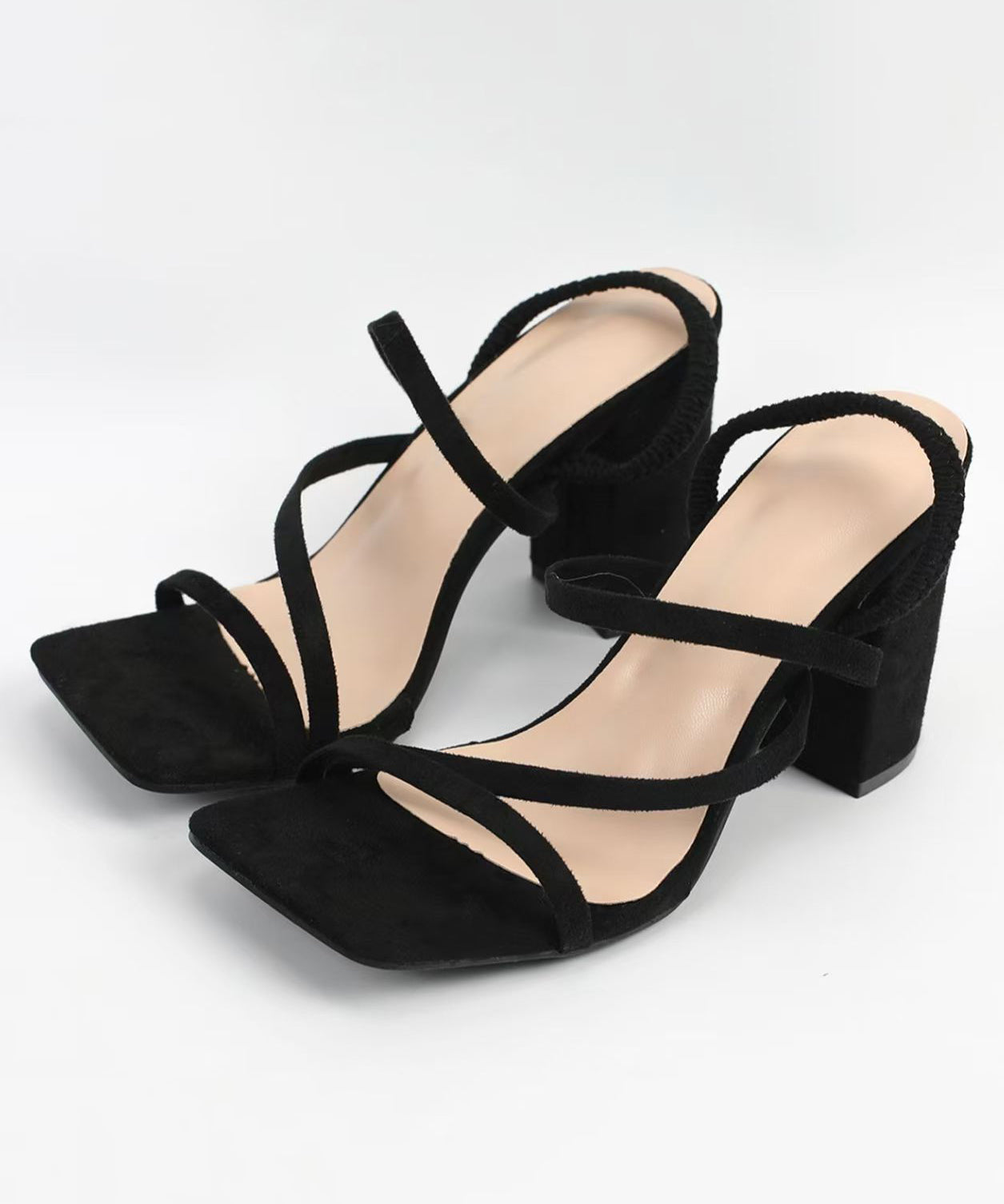 Schwarze Wildleder Boutique Riemchensandalen Chunky Peep Toe Cross