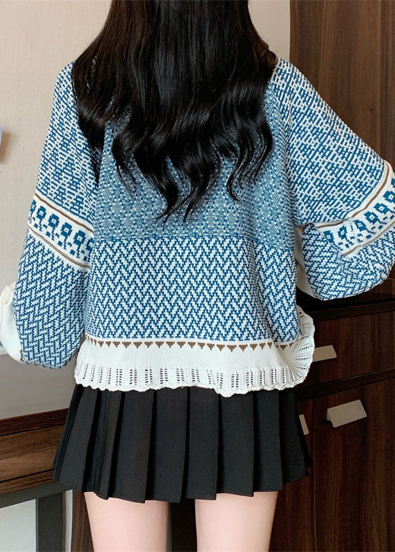 Boutique Blauer Jacquard-Strickpullover mit Quasten, kurz, Winter, RG026